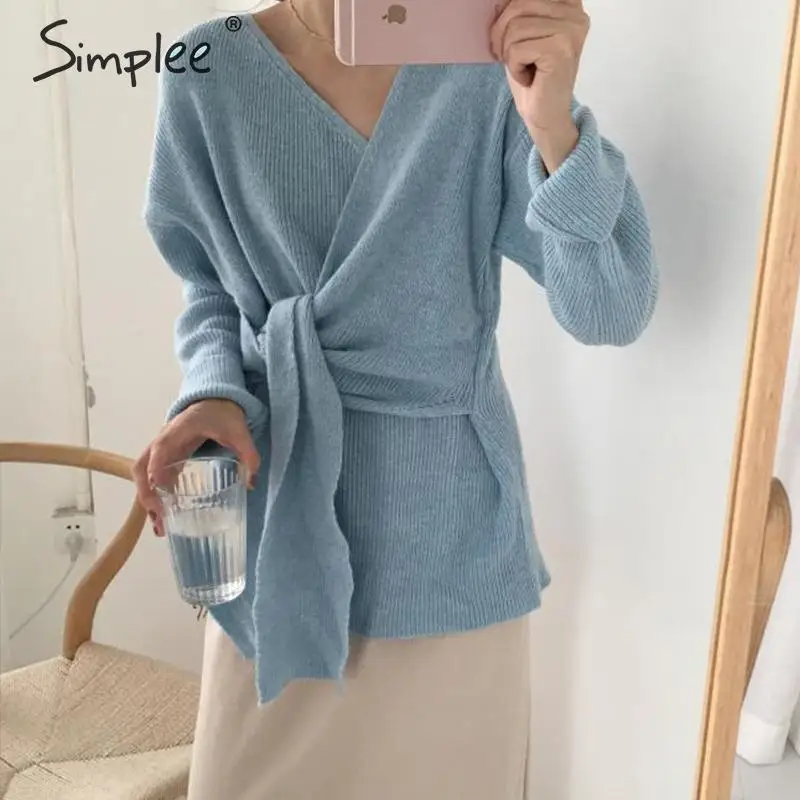 Simplee Casual bow tie plus size women sweater Elegant solid v-neck knitted jumper female Autumn winter pullover 2019 | Женская одежда