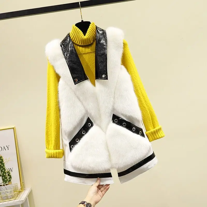 

Women 2021 Winter Sleeveless Faux Fox Fur Coat Vest Female Vintage Spliced Warm Leather Fur Jacket Ladies Casual Waistcoat A580