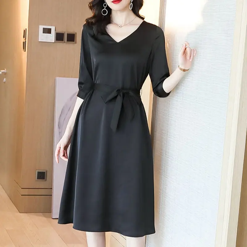 

Ice silk satin bow dress women's summer new waist tie loose and thin high-end mid long skirt