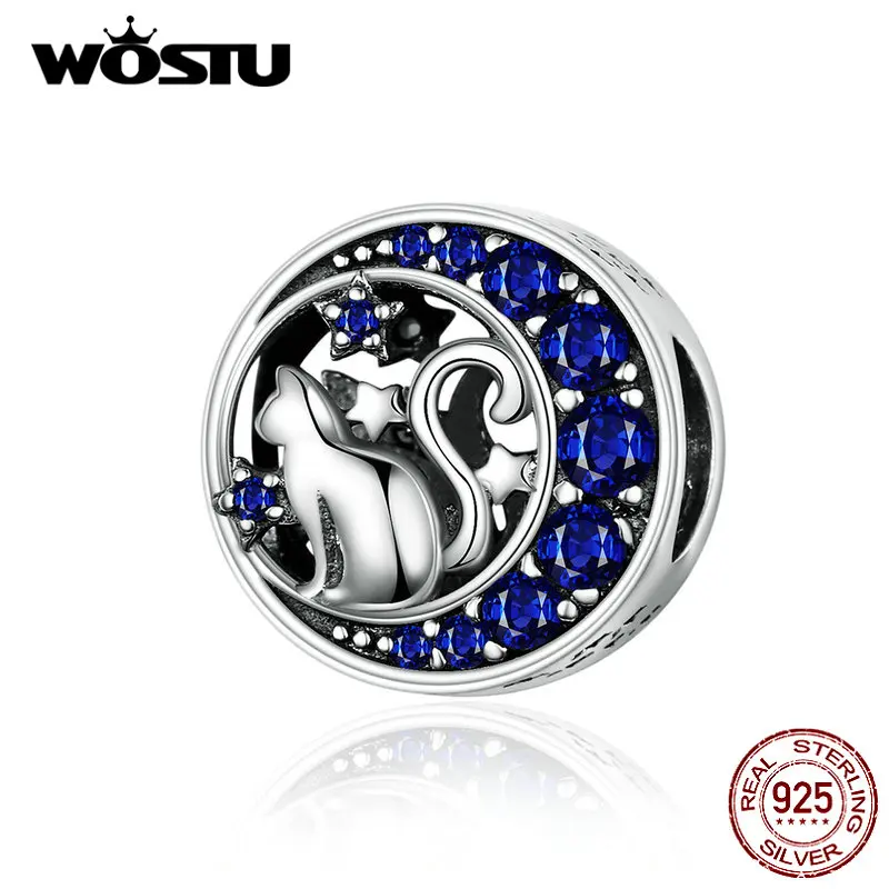 WOSTU Moon& Star милые бусины кошка 925 пробы серебро синий эмаль Шарм Подходит DIY браслет кулон ювелирных изделий CQC1204