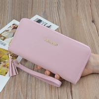womens wallet solid color pu leather long zipper tassel coin purses female wristband bow ornaments credit card holder clutch ba