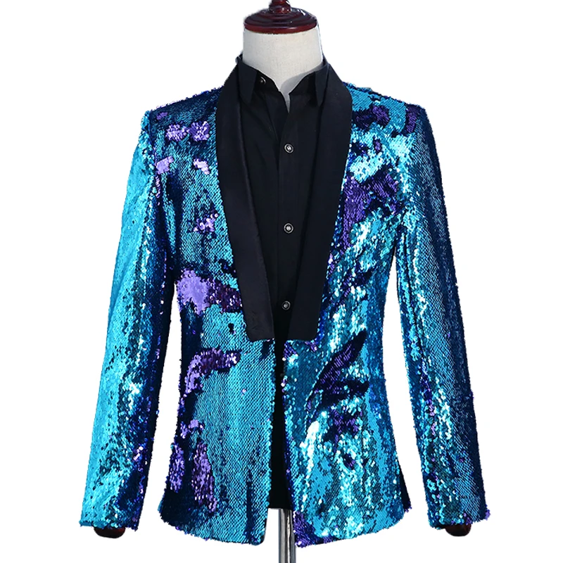 

Для мужчин со сверкающими блёстками с украшением, Блейзер, пиджак, блестящий нагрудные Slim Fit костюм куртка Свадебные Жених этап певица спорт...