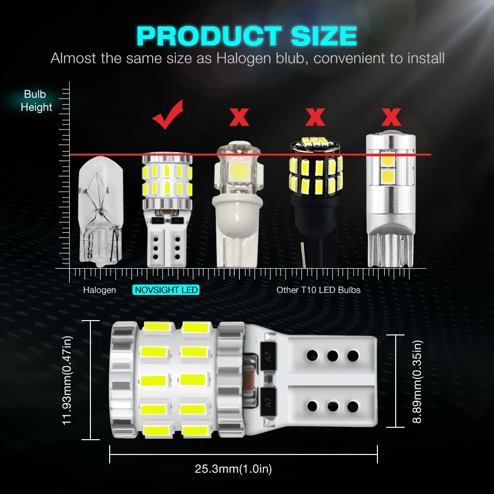 NOVSIGHT 10 шт. Авто T10 6500K светодиодный светильник для дома лампы для чтения W5W 300LM купол подсветки перчаточного ящика супер яркий 12/24V Подсветка регистрационного номера