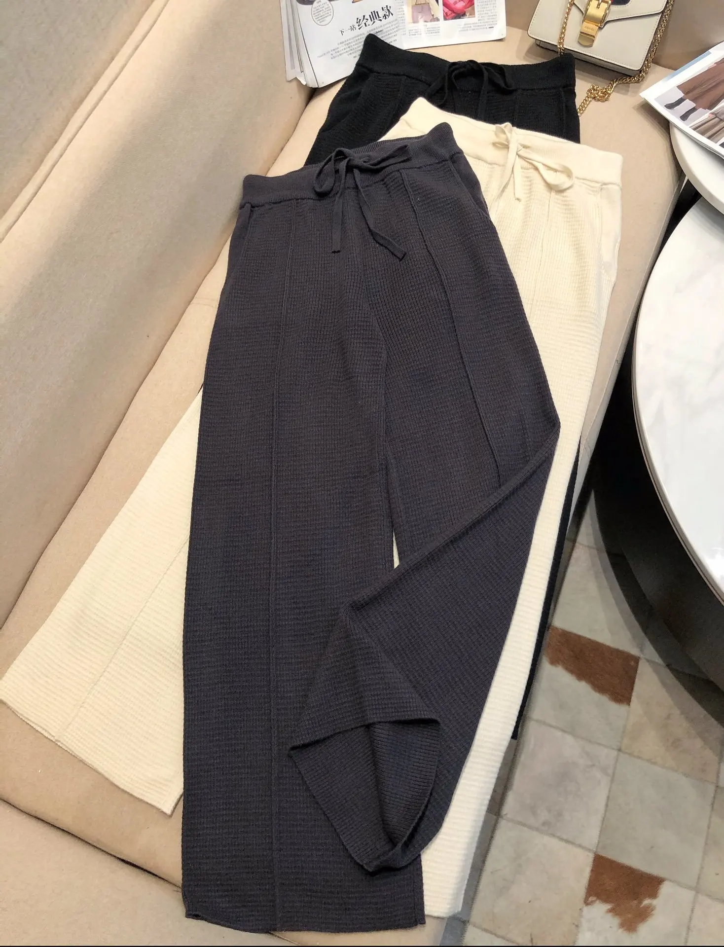 

Loose Ladies Fashion 2023 High Waist Wool Knit Wide Leg Pants 1026