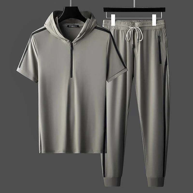 

Silk elastic wrinkle resistant short sleeve two piece men's high end thin ice summer hooded casual sports suit[Finished on July