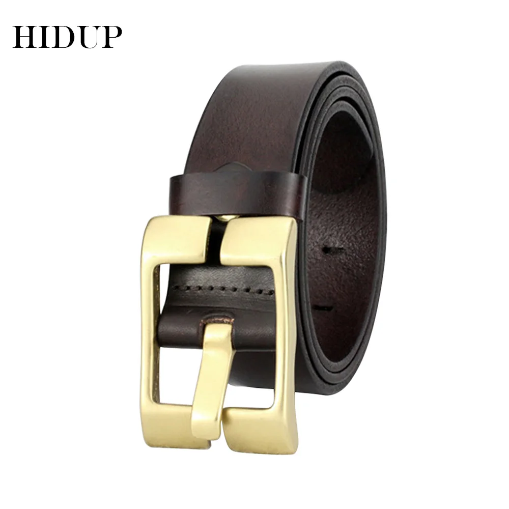 HIDUP Men's Retro Style Brass Wide Pin Buckle Metal Belt Jeans Accessories Top Quality Design Cowhide Skin Leather Belts NWWJ151