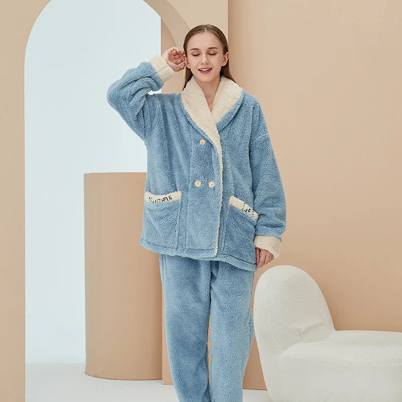 Coral Fleece Pajamas Women's Sleepwear Cardigan Plus Fleece Pajamas for Women Flannel Home Service Warm Sets пижама женская