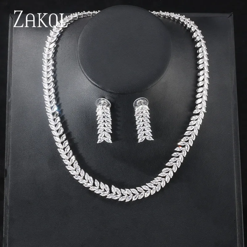 White ZAKOL классические высококачественные свадебные украшения с кубическим цирконием и листьями, серьги и ожерелье, набор для женщин, Свадебные вечерние украшения FSSP427 - Окраска металла: White