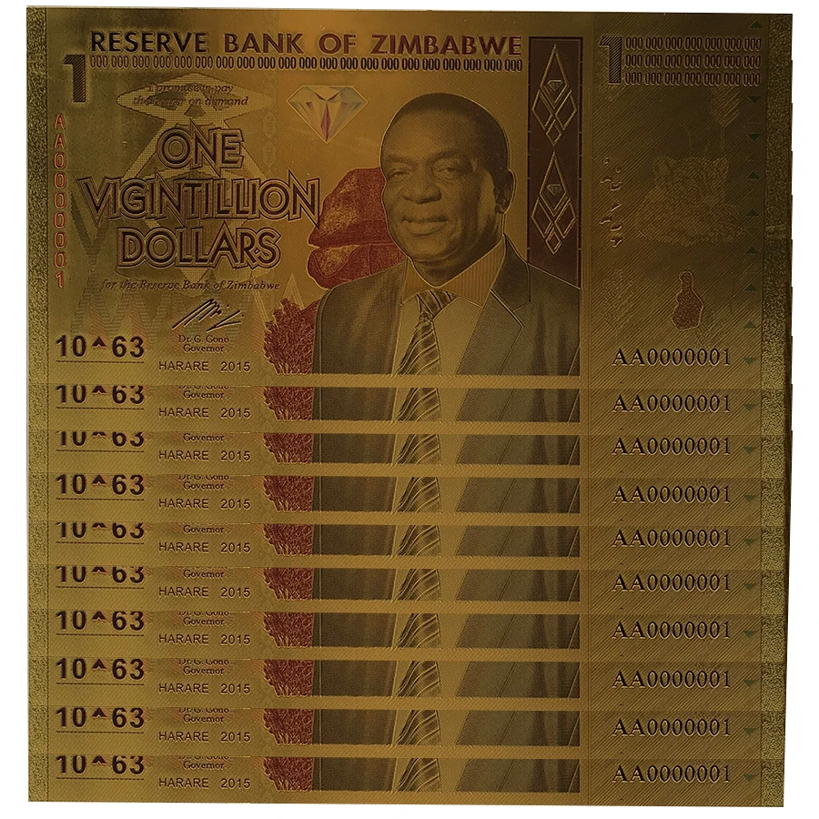 

10pcs Zimbabwe Gold Banknote ONE Vigintillion DOLLARS Gold 999999 Zimbabwe Dollars Stone Banknotes for Business Gifts