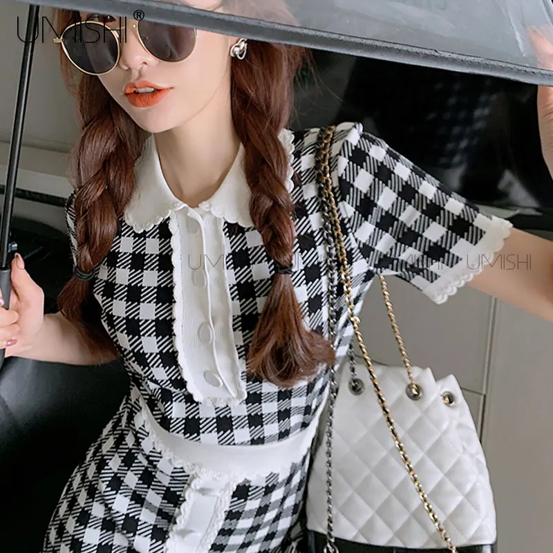 

Vintage Plaid Buttons Lace Peter pan Collar Knit Set Women Short Sleeve Summer Sweet Kawaii Harajuku Skirt 2-Piece Suit 2021 New