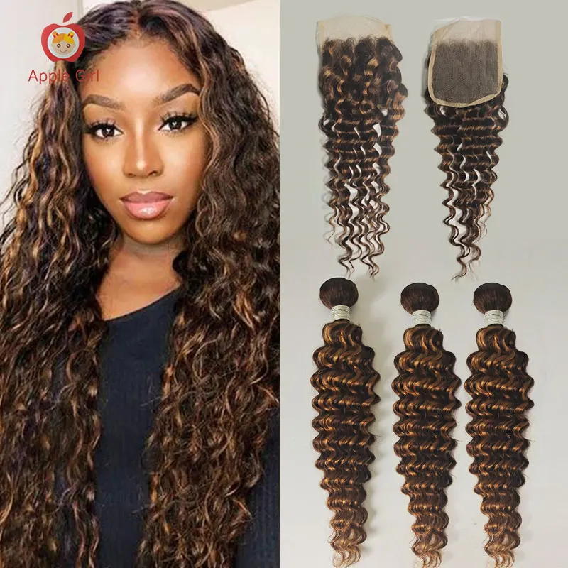 Deep Wave Bundles With Closure Brazilian Remy Human Hair 3 or 4 Bundles With Lace Closure Highlight 30 Inches Weft Applegirl