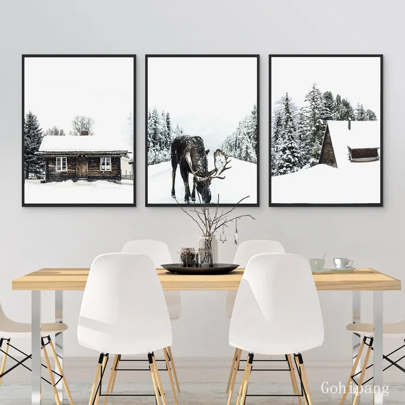 Рождественская настенная Картина на холсте с изображением зимних лесов лосят