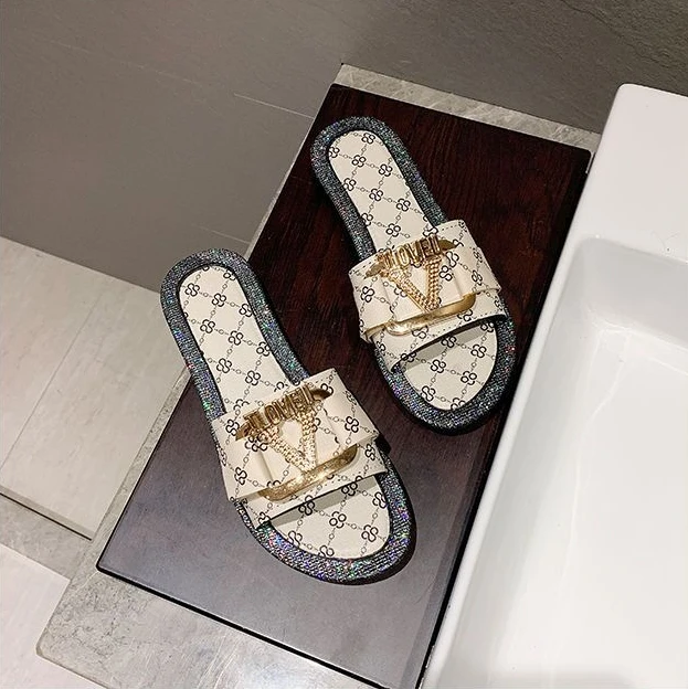 Summer Women Slippers Outdoor Ladies Slipper Luxury Designer Metal Button Letter Decoration Flat Beach Shoes Indoor Sandals | Обувь
