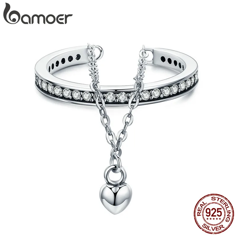 BAMOER-anillo ajustable de doble capa para mujer, de plata de ley 100% 925, cadena de corazón de CZ transparente apilable, para boda