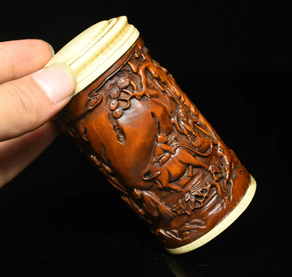 

christmas China Boxwood Wood Carving YuJiaoGengDu Boy Bull Man Jar Pot tea canister caddy Seller information halloween