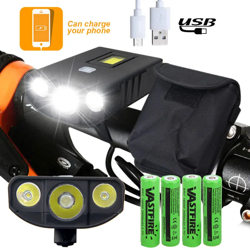 

Waterproof Front Bike Headlight 5 Mode USB Rechargeable T6 COB Bicycle Light with LED Power Display +4PCS 18650 Battery