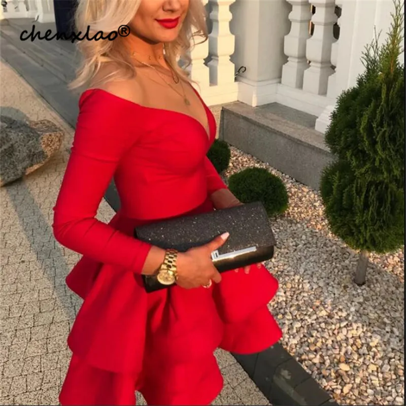 

Hot Sale Red Homecoming Dresses Satin A-Line Deep V-Neck Off The Shoulder Above Knee Homecoming Dress Short Party Gowns