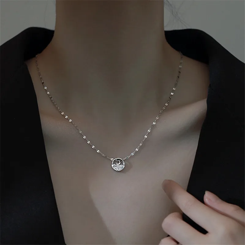 

925 Sterling Silver Round Moon Charm Pendent Necklace For Women Girls Party Jewelry Bijoux Choker dz876