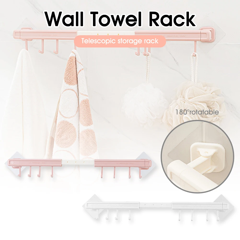 

Towel Shelf Telescopic Towel Rack Holder with Hooks Wall Mounted Rotatable Corner Towel Holder Bathroom Accessories