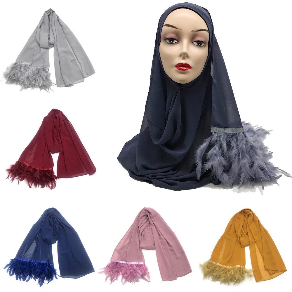 

2021 New Feather Scarf Hijab Plain Chiffon Head Wrap Muslim Women Shawl Scarves Turban Headscarf Tassel Instant Hijabs 180*70cm