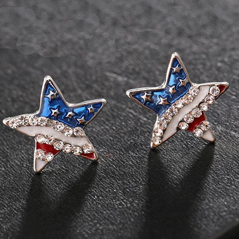

Hot Sale Fashion Star Shape American Flag Earrings Crystal Ear Studs Independence Day 4th of July Jewelry