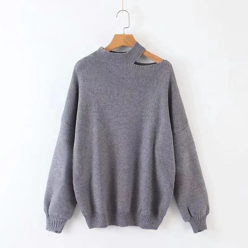 

Sexy Lazy Asymmetrical Off Shoulder Pullover Slip Lantern Sleeve Knit Sweater Female Spring High Street Fashion