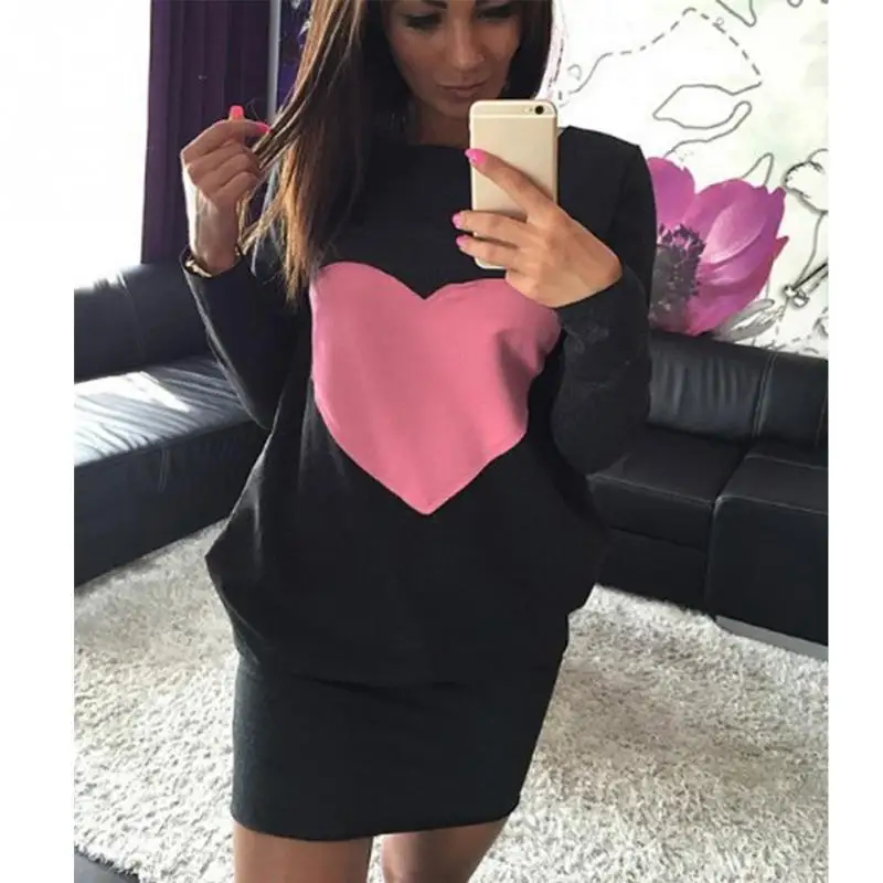 

2020 Women Fashion Heart Print Dress Winter Warm Cotton Bodycon Long Sleeve Dress