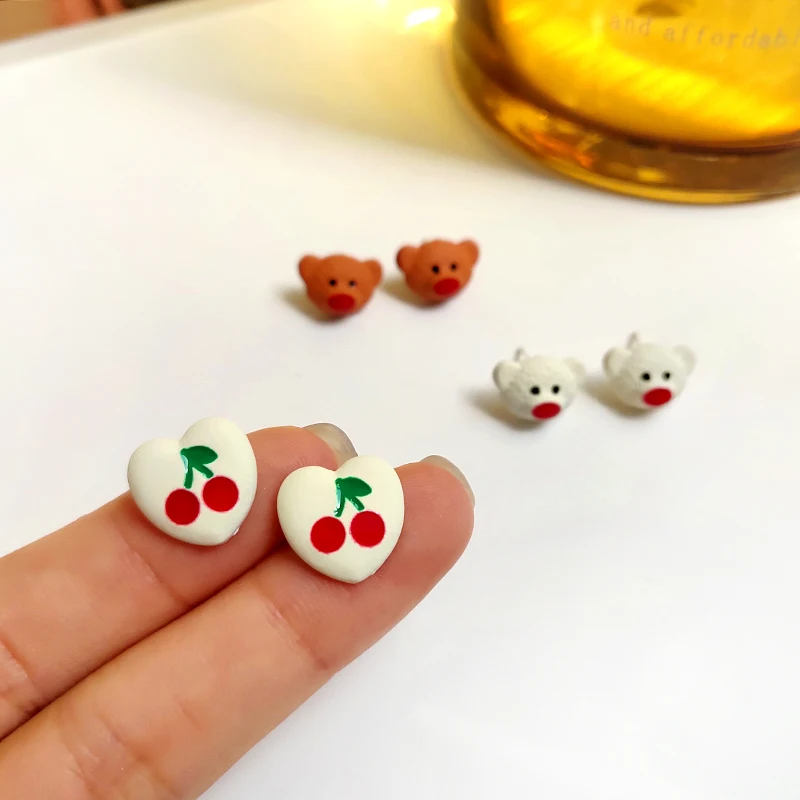 

S925 needle Cute Jewelry White Heart Stud Earrings Popular Design Coating Enamel Cherry Cute Bear Earrings For Women Gifts