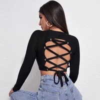 autumn women sexy top long sleeve knit pullovers bandage backless short blouse solid navel slim bottoming shirt casual fashion
