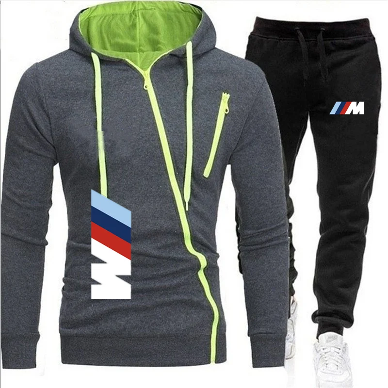 

2021 Men's BMW Car Logo 2 Piece Sportswear Hooded Sweatshirt + Pants Zipper Shirt Hooded Sportswear Set Casual Men's Jogging Wea