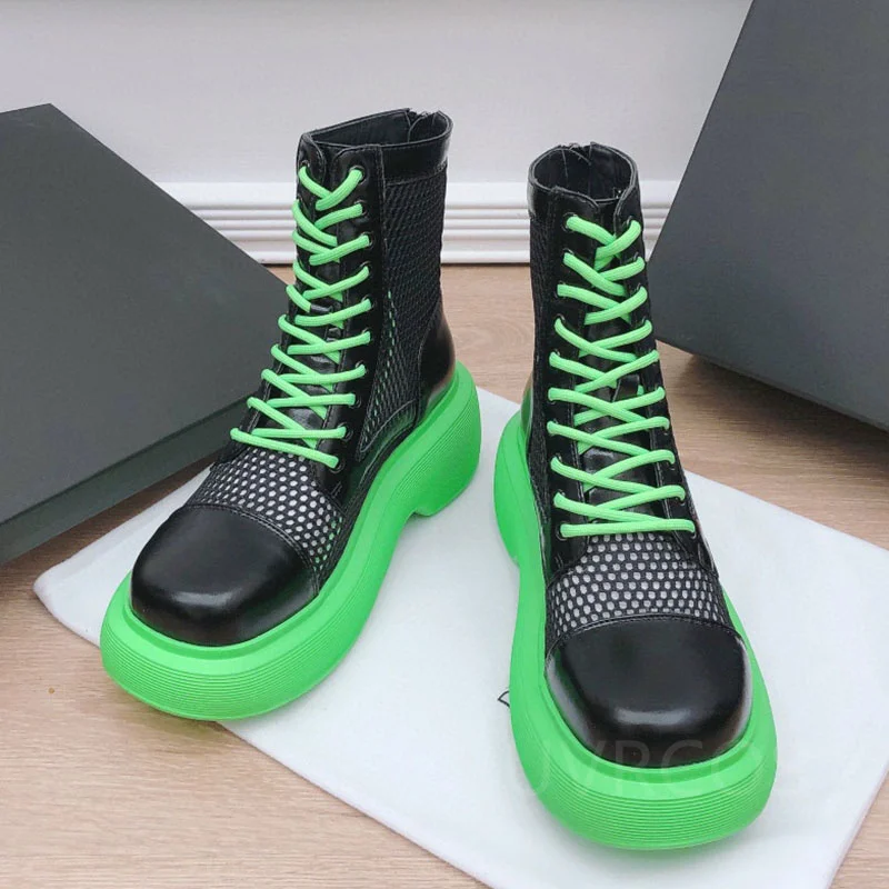 

2021 Autumn And Winter New Boots Mesh Splicing Comfortable Breathable Thick Bottom Boots Round Toe Lace-Up Ladies Heighten Shoes