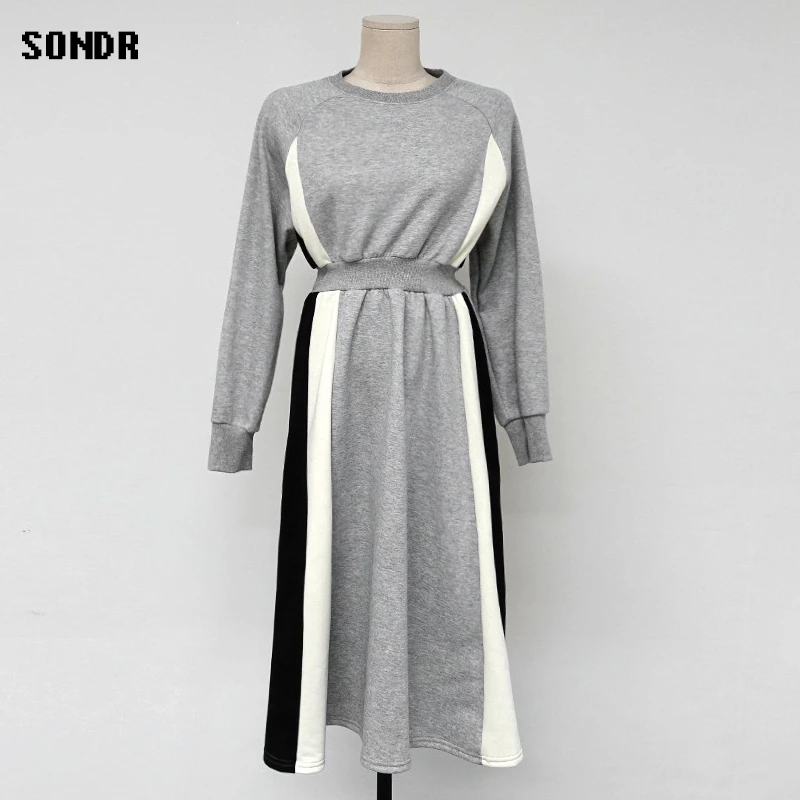 

Contrast Stitching Plus Velvet Sports Sweatshirt Dress 2020 Winter New Vestidos Femme Dress Round Neck A-Line Dress Long Dresses