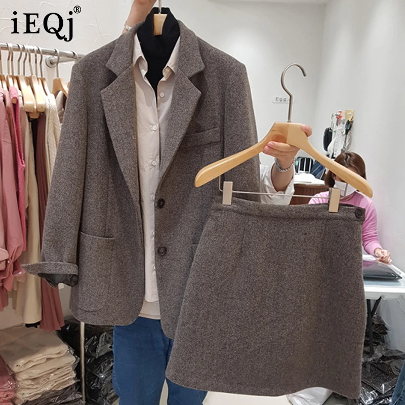 

IEQJ корейский шерстяной костюм с юбкой Новый комплект с отложным воротником с длинным рукавом + пикантная юбка Свободная Женская мода весна ...