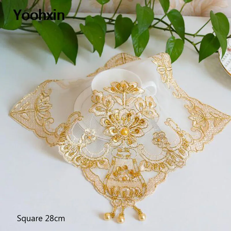 

Christmas Gold beads embroidery lace table place mat cloth pad cup coaster placemat tea doily kitchen wedding decor tableware
