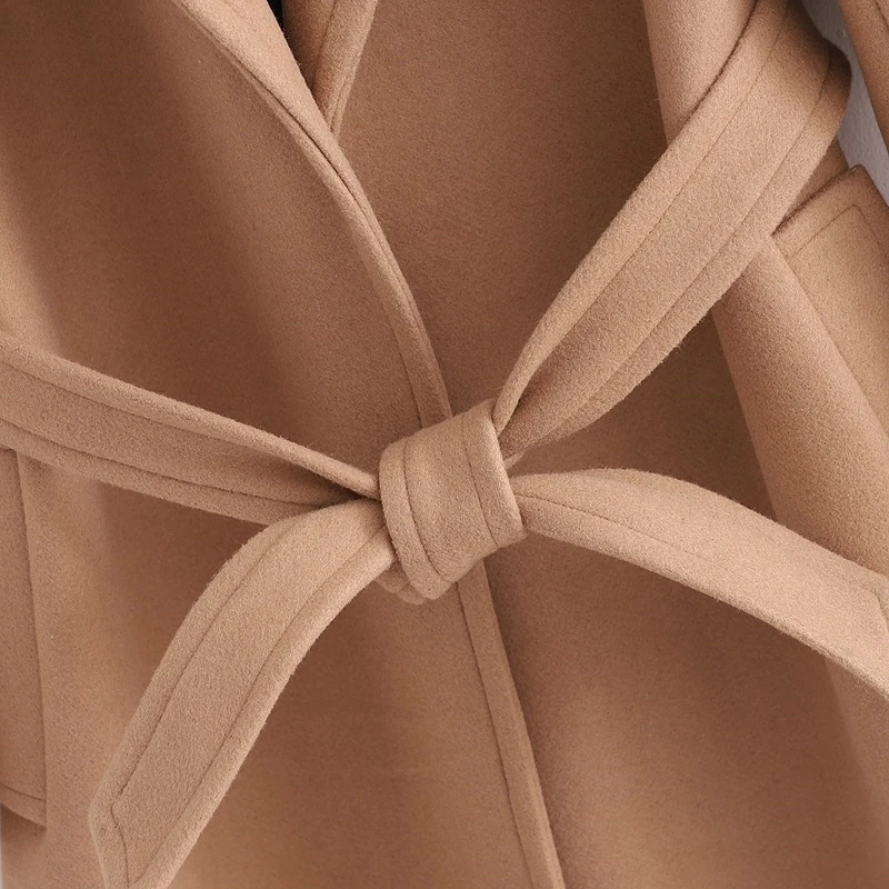 

YOSICIL Women Elegant Long Khaki Wool Coat With Belt Casual Long Sleeve Pockets Winter Outerwear Woolen Overcoat Female 2021