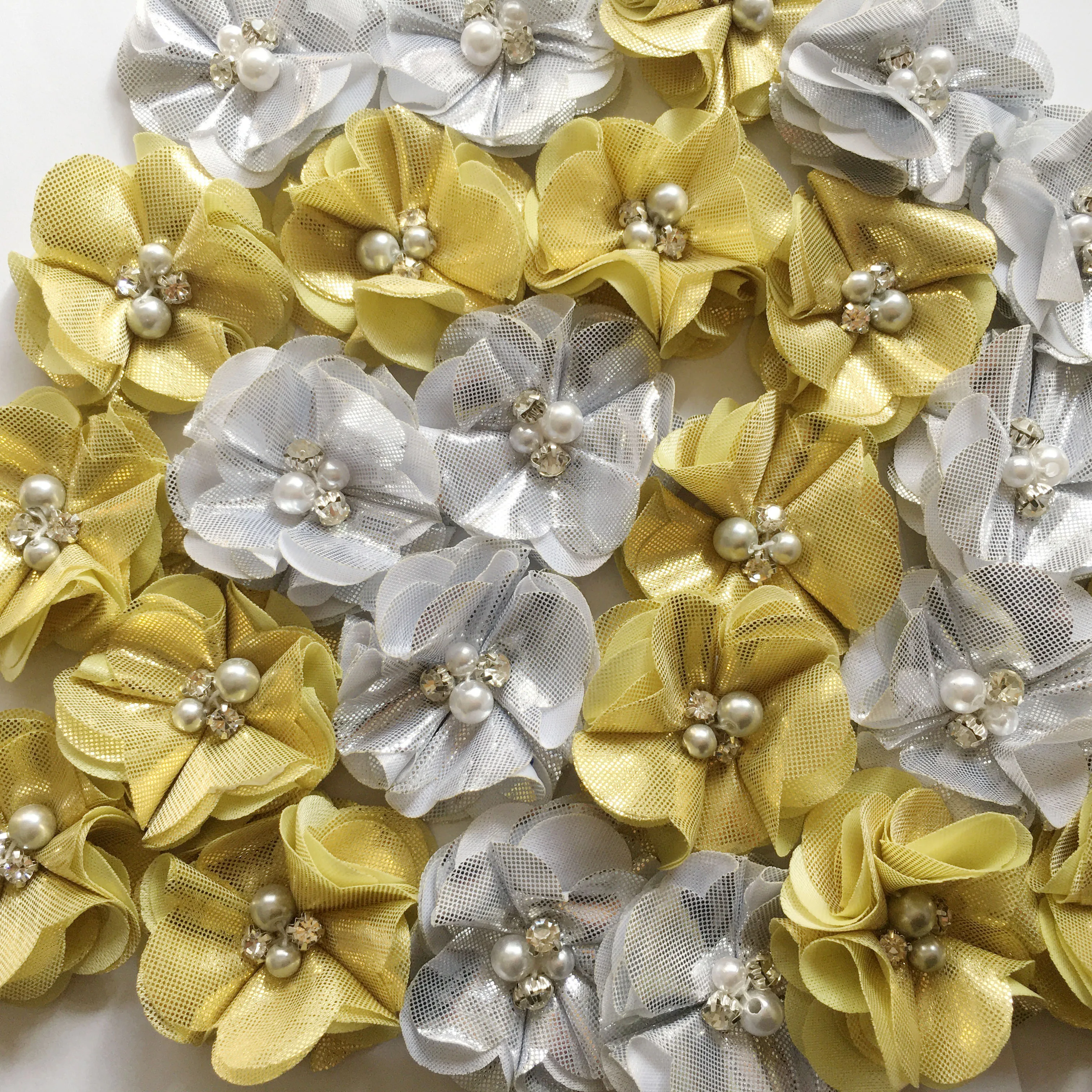 2.0 inch Silver &amp Gold Color Chiffon Flower Ruffled Metallic With Rhinestone Center 100Pcs/lot | Аксессуары для одежды