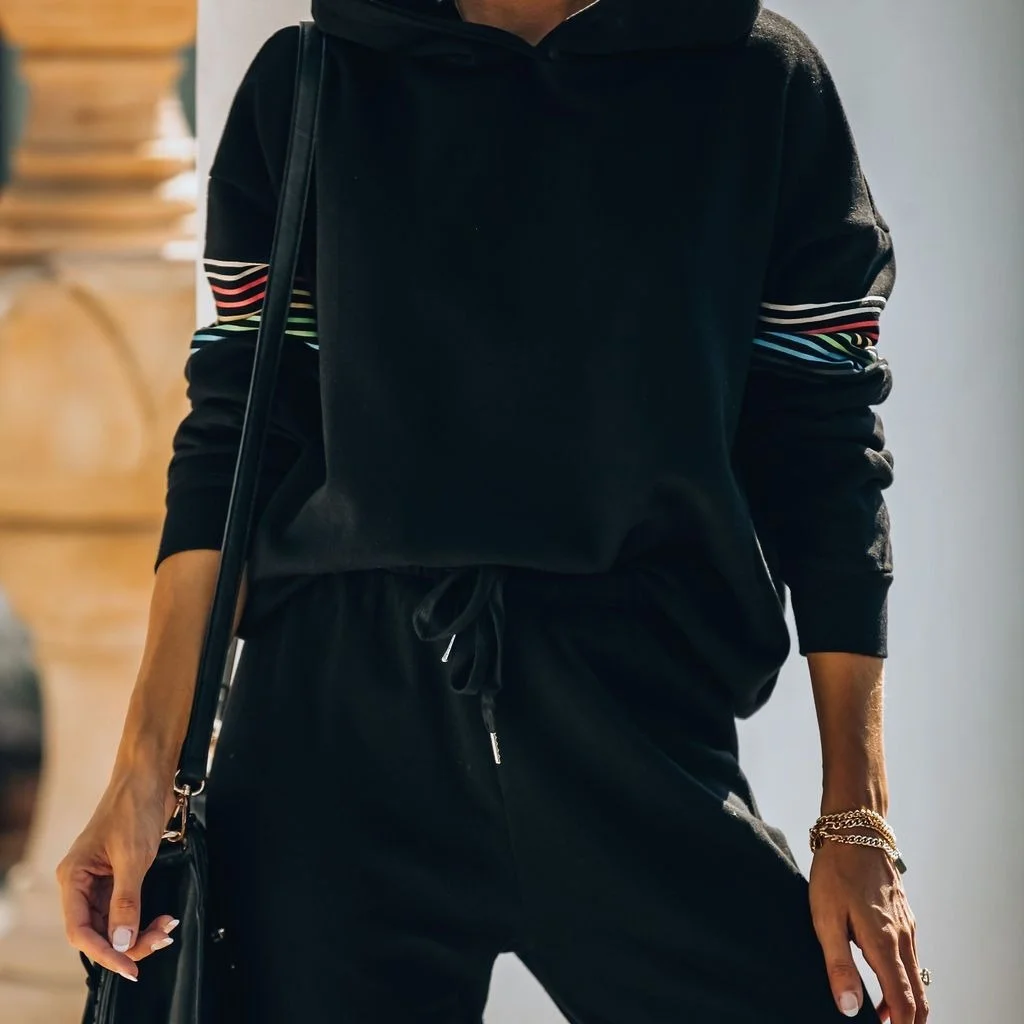 

Женский Повседневный черный костюм с капюшоном, Женский свитшот и брюки, комплект из двух предметов, осенне-зимний спортивный костюм