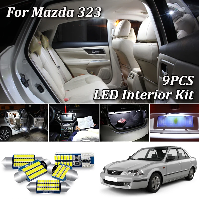 

9 шт. светильник салона автомобиля для Mazda 323, светодиодная подсветка салона купола, бардачка, багажника, лампочка номерного знака (1998-2004)