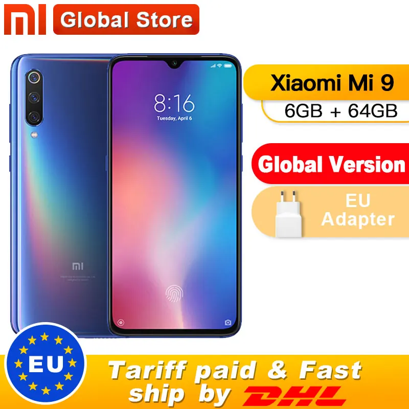 Глобальная версия мобильного телефона Xiaomi mi 9 mi 9, 6 ГБ, 64 ГБ, Восьмиядерный процессор Snapdragon 855, 6,39 дюймов, 48 МП, тройная камера с дисплеем, отпечаток пальца