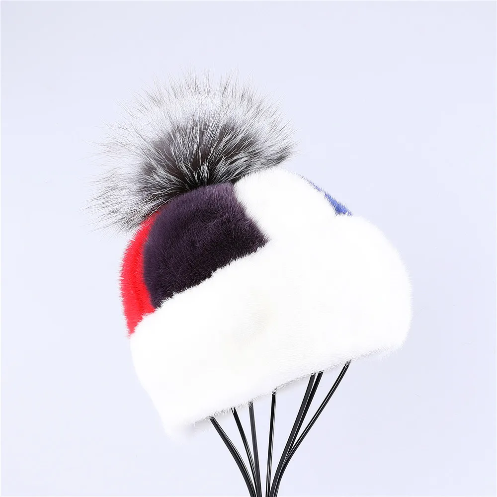 New Arrival Women's Soft Genuine Mink Beanie Hat Fashionable Lady Fox Fur Pom Poms Winter cap