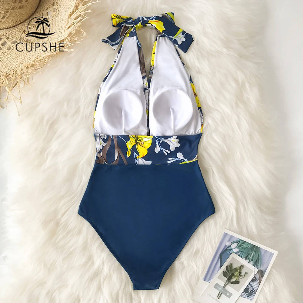 CUPSHE Navy Floral Deep V-neck Halter One-Piece Swimsuit Sexy Backless Lace Up Women Monokini 2022 Beach Bathing Suits Swimwear | Спорт и