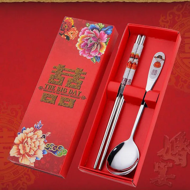 50 sets/lot Stainless Steel Dinnerware Double Happiness Red Color Spoons Chopstick Sets Wedding Party Gifts For Guest |