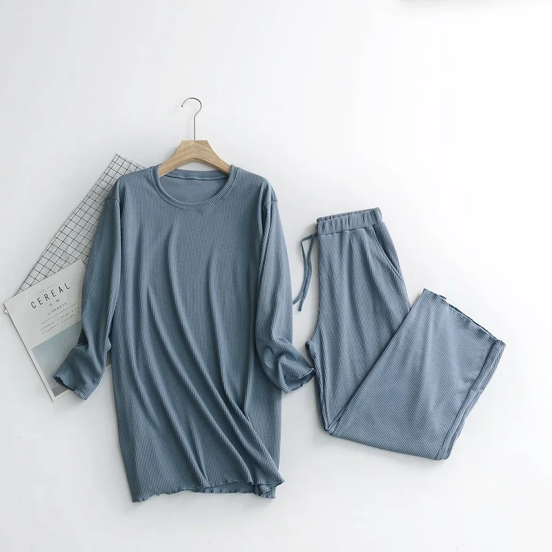 Blue stripe Осенне-зимние новые хлопковые пижамные костюмы с длинными рукавами, свободные домашние костюмы в полоску, комплект из двух предметов со штанами, пижамы, женские пижамы, одежда для сна - Цвет: Blue stripe