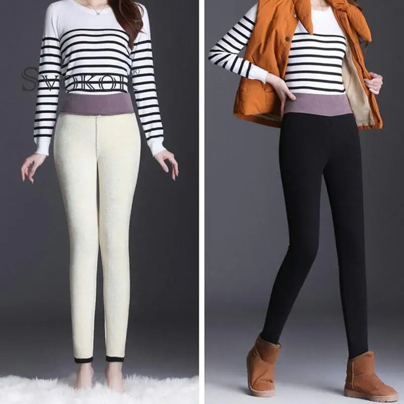 

SVOKOR Sexy Plus Velvet Thicken Leggings Women's Warm High Waist Leggings Warmth Elastic Stretch Casual Pants Cotton Trousers