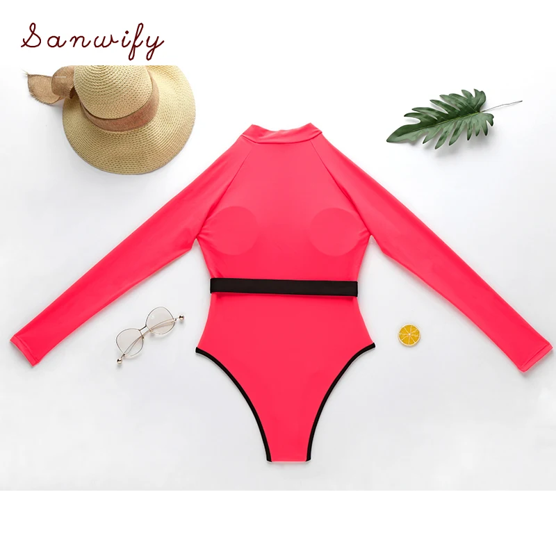 

Zipper Piece Swimsuit Women Long Sleeve Swimwear Belt Bodysuit High Cut Rash Sports Surf Bathing Suit