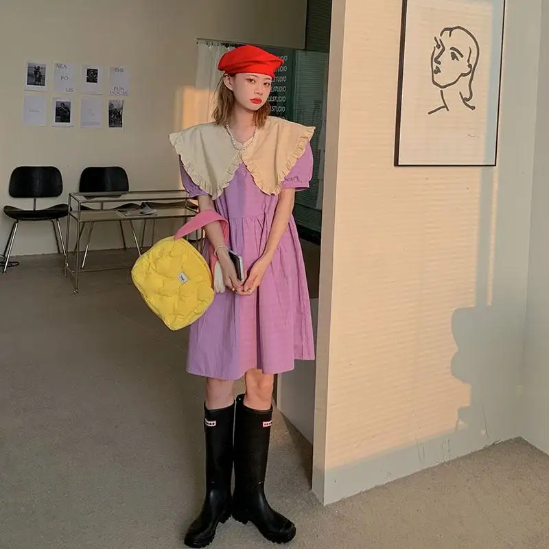 

2021 Women Summer Dress Collar Big Lapel Solid Color Sweet Girl Puff Sleeve Cute Mini Dress Female Clothes Vestidos