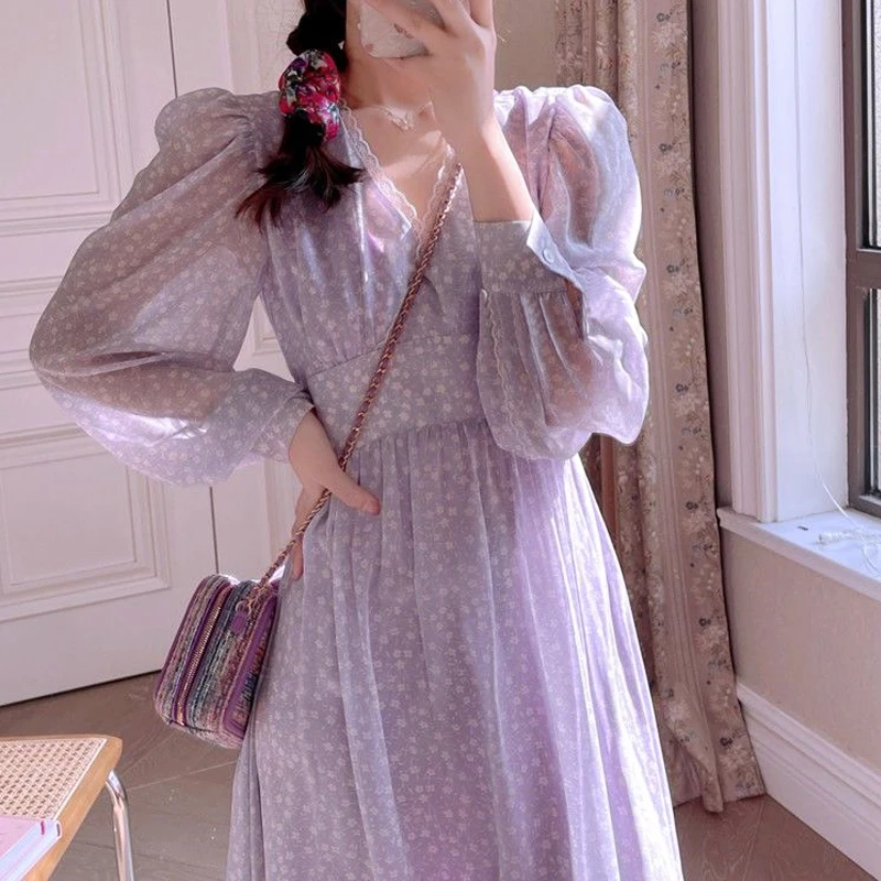 

French Chiffon Fairy Dress Women Long Sleeve Floral Princess Dress For Females Beach Party Dress Sweet Office Lady 2022 Summer