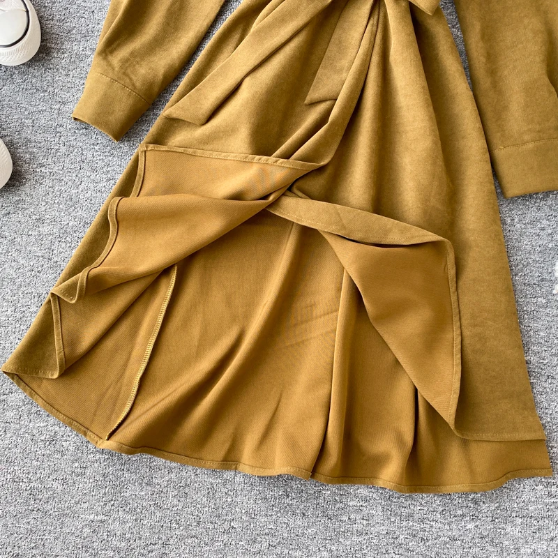 SINGRAIN Women Irregular Long Corduroy Dress Winter Streetwear French Office Warm Sleeves Autumn Vintage Shirt |