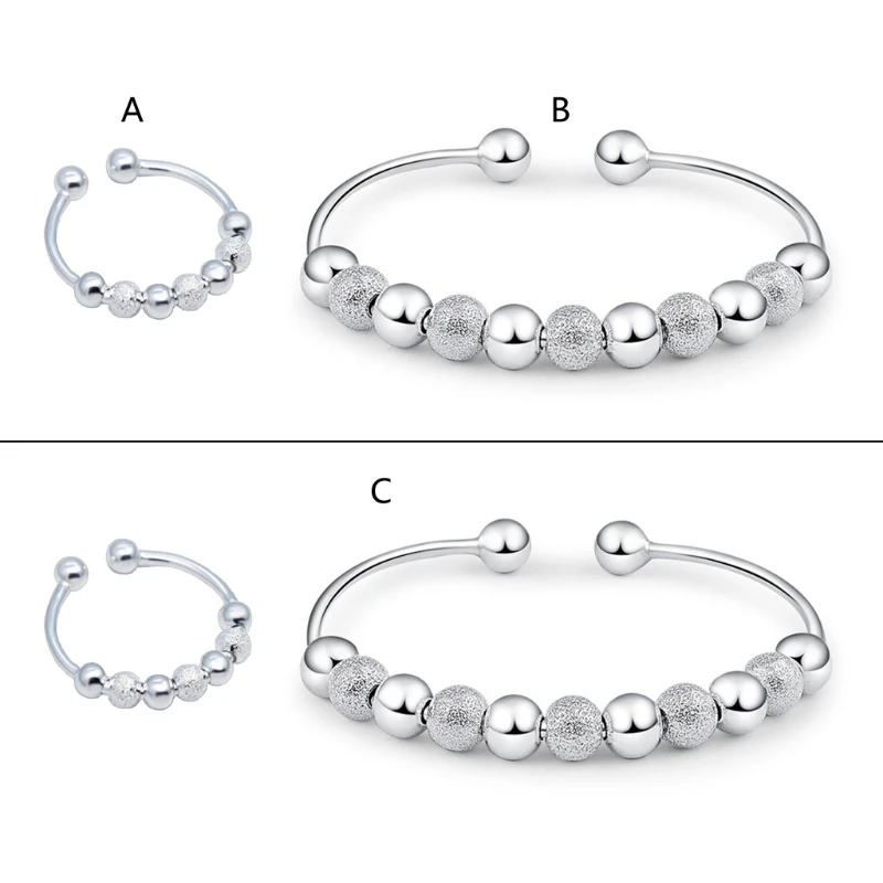 

Женское кольцо для беспокойства, серебряное кольцо с бусинами, регулируемое кольцо для беспокойства, Набор браслетов