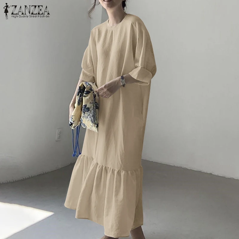 

ZANZEA Fashion Women Ruffles Hem Sundress Autumn O Neck 3/4 Sleeve Solid Shirt Dress Robe Femme Party Vestidos Kaftan Dresses